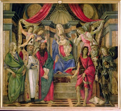 Jungfrau und Kind mit Heiligen vom Altarbild von San Barnabas, ca. 1480-81 von Sandro Botticelli